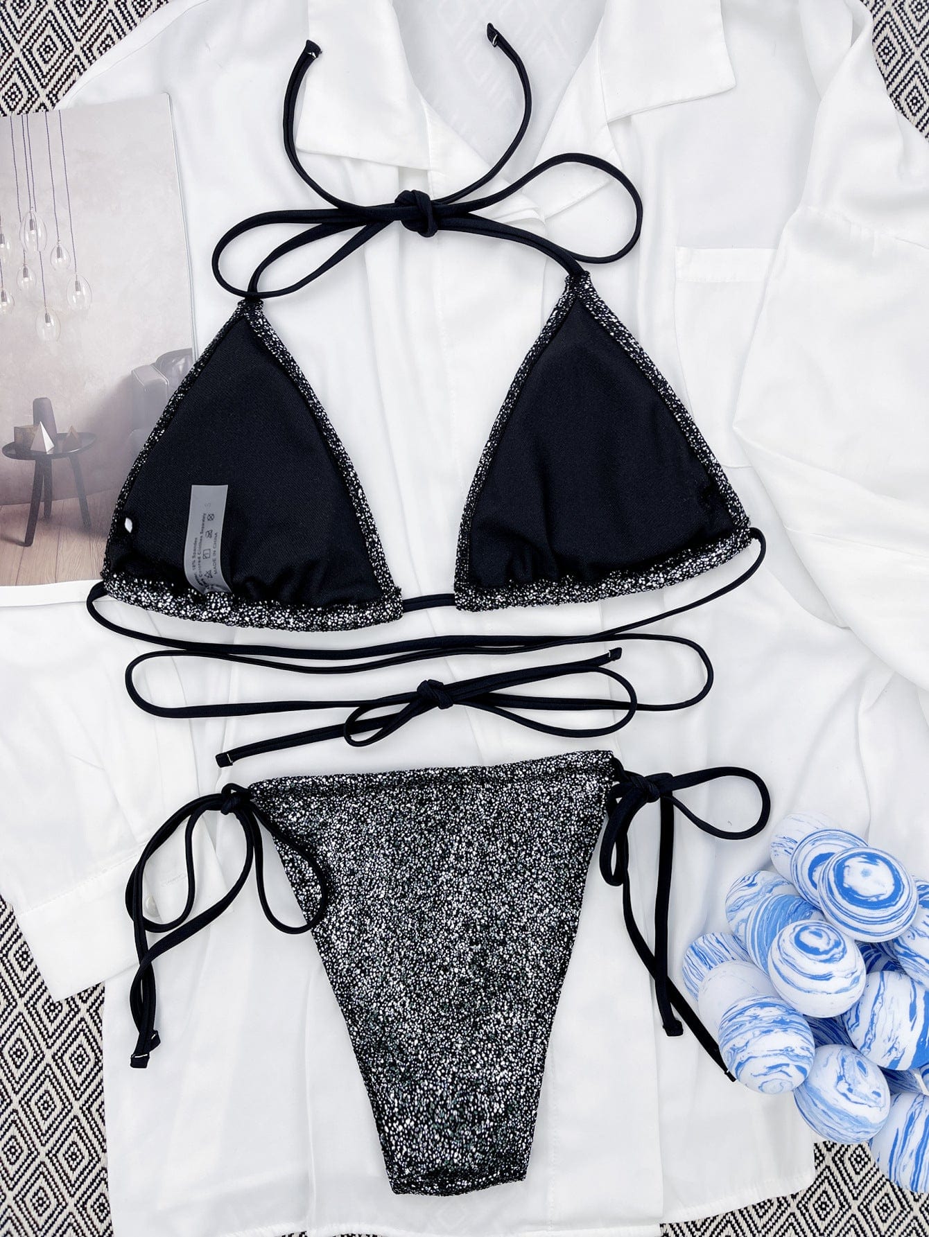 Bikini z wiązaniem z brokatowego materiału - Image 5
