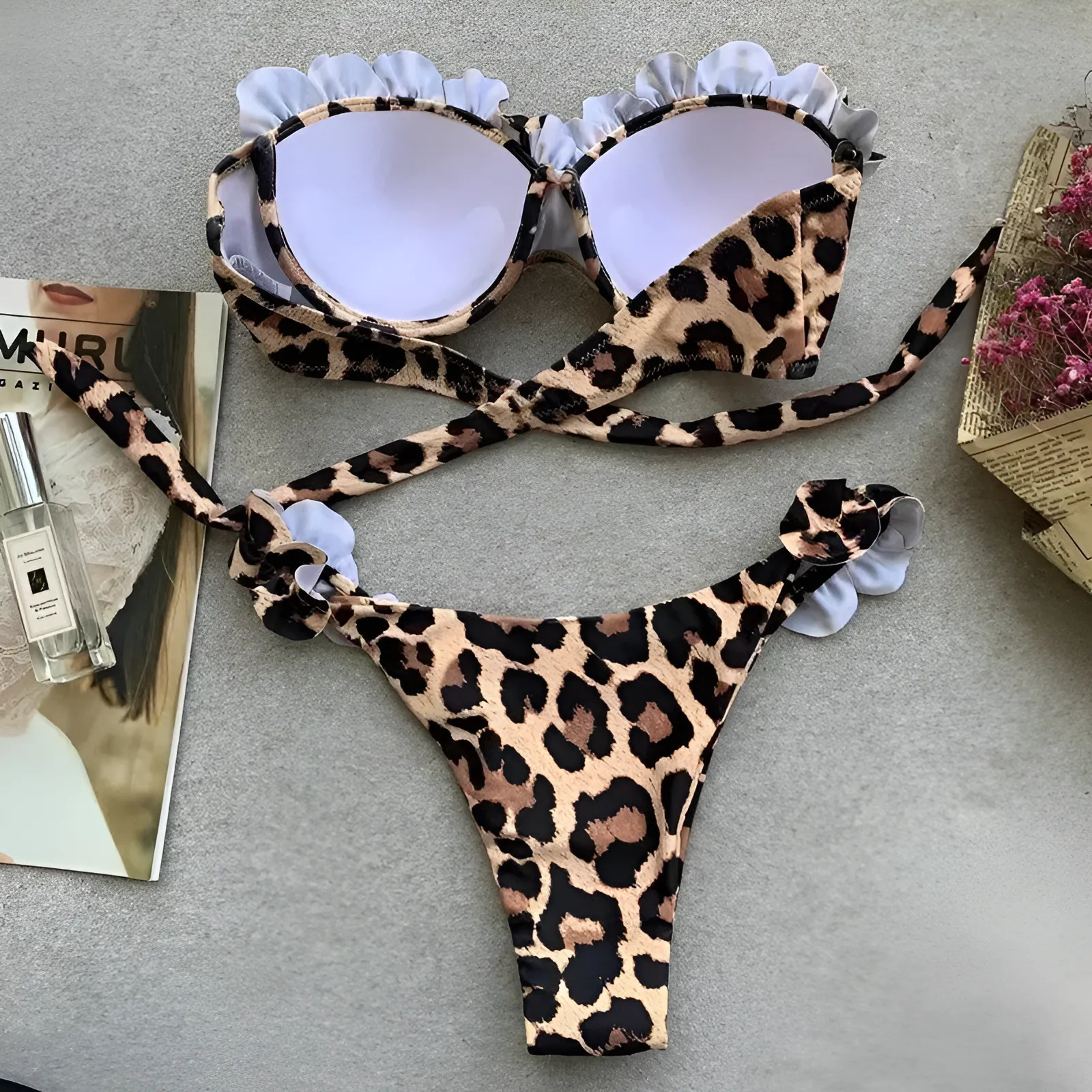 Dwuczęściowy strój kąpielowy bikini w panterkę z falbankami - Image 4