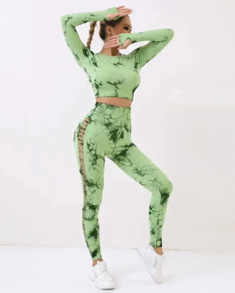 Komplet sportowy Tie Dye top + legginsy z rozcięciami - Image 2
