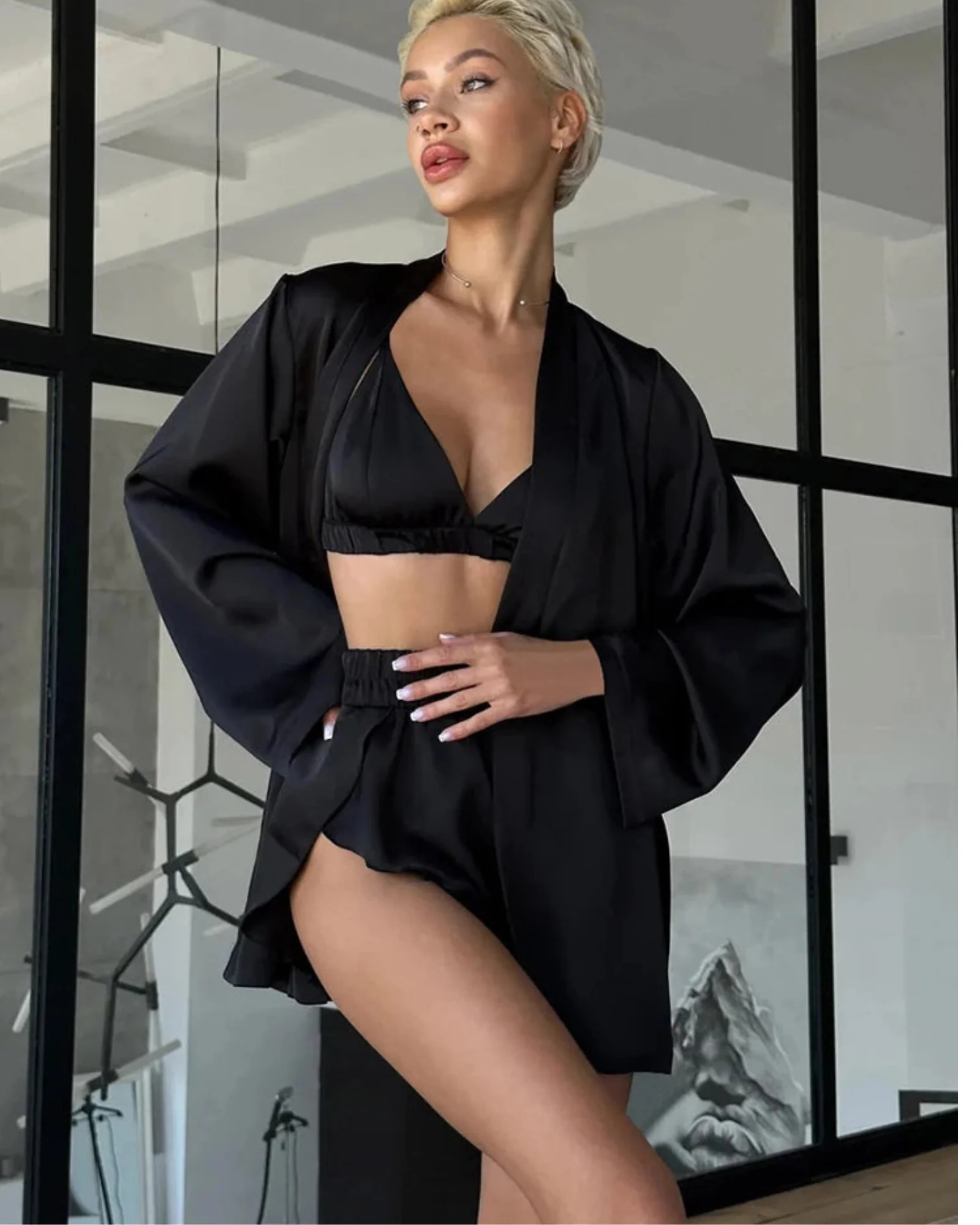 Luźna piżama kimono z topem i szortami
